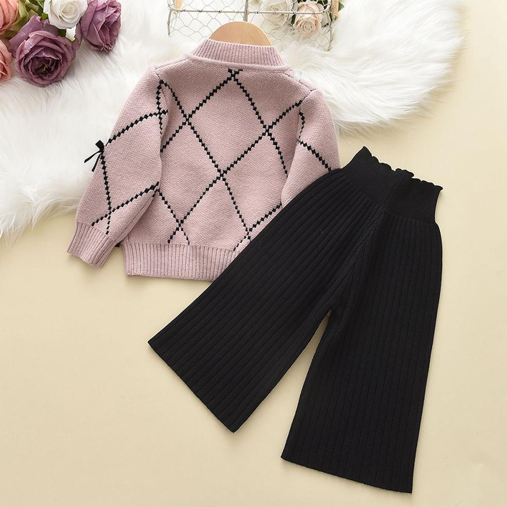 Girl's Bow Sweater Cardigan+Knitted Wide Leg Pants Two-piece Set
