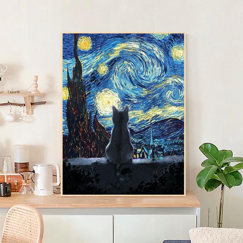 

Ван Гог Звездная ночь Кот DIY Цифровая масляная живопись: Передовое декоративное искусство ручной работы 30x40 cm