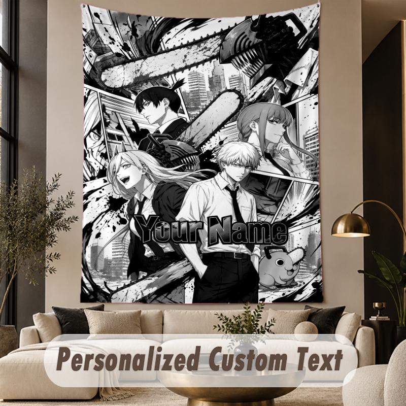 Custom Text Printed Tapestry Chainsaw Man Pattern Large Wall Hanging Indoor Room Decor