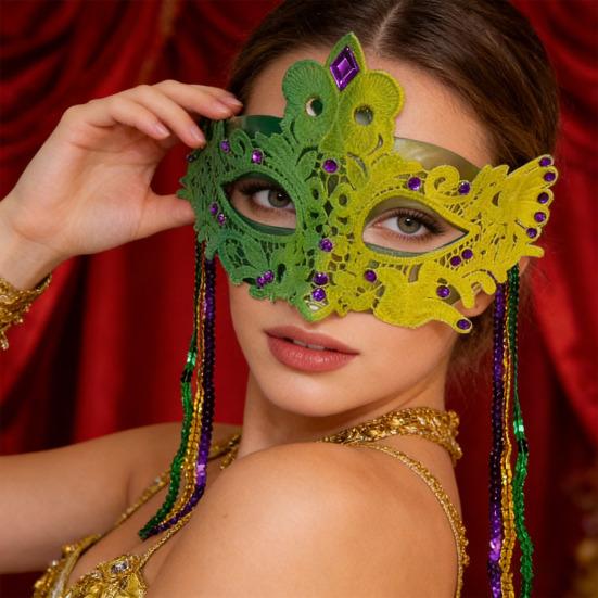 Mardi Gras Mask with Rhinestones Half Face Carnival Mask Sequins Tassel Masquerade Party Mask