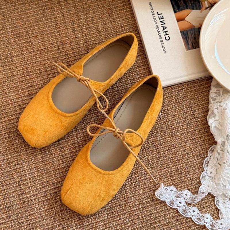Inner Height Increase 5cm Lace-up Bow Single Shoes Women's Versatile Flat-bottomed Retro Square Head Soft-soled Ballet Shoes