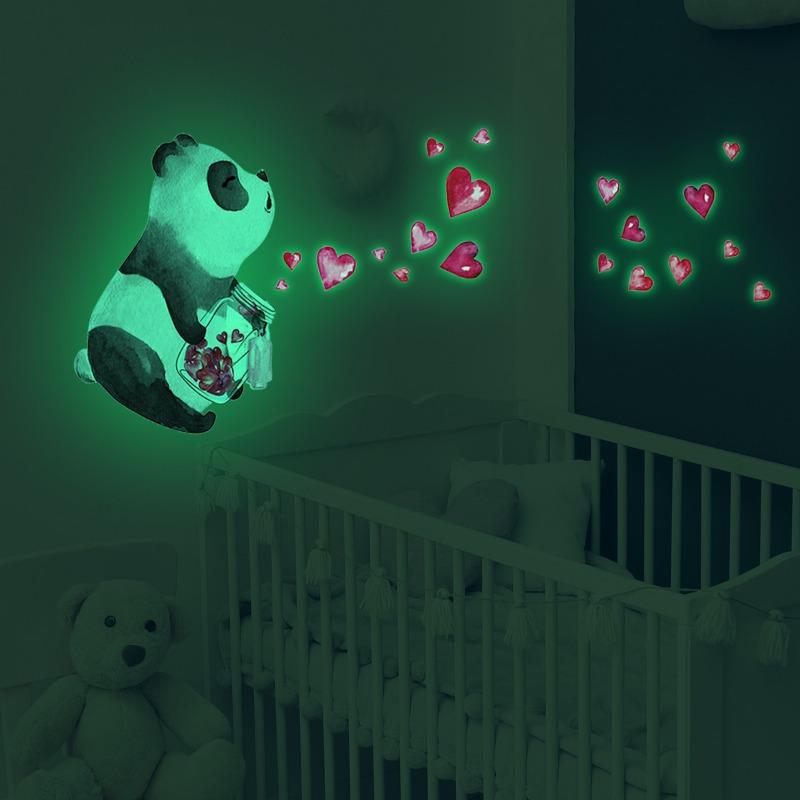 Cartoon Panda Baby Heart Wall Sticker Bedroom For Home Decoration Kids Room Wallpaper Glow In The Dark Self-adhesive Stickers