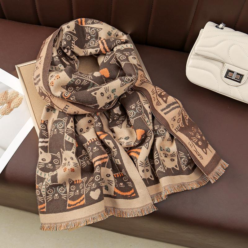 Cat Animal Printed Pashmina Shawls Scarf For Woman Winter Warm Wraps Thick Imitate Cashmere Fashion Big Size Scarves