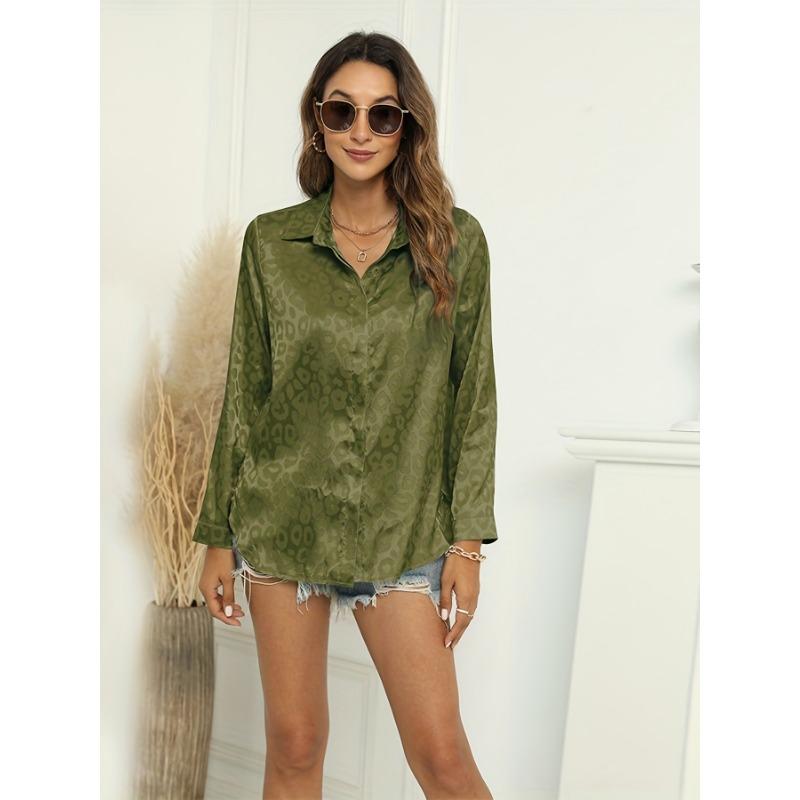 

Жаккардовая рубашка с леопардовым принтом, элегантная рубашка с длинным рукавом на пуговицах спереди, женская одежда XXL зелёный