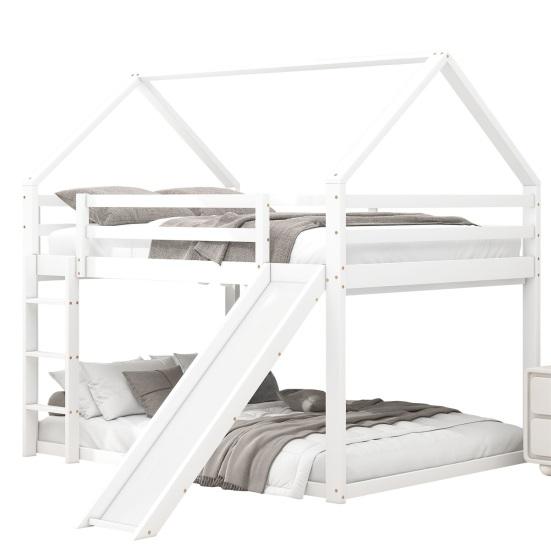 Stable Base Bunk Bed with Ladder Slide Falling Protection House Bed Strong Load Bearing Double Bed Solid Structure Wood Frame Family Loft Bed Bedroom