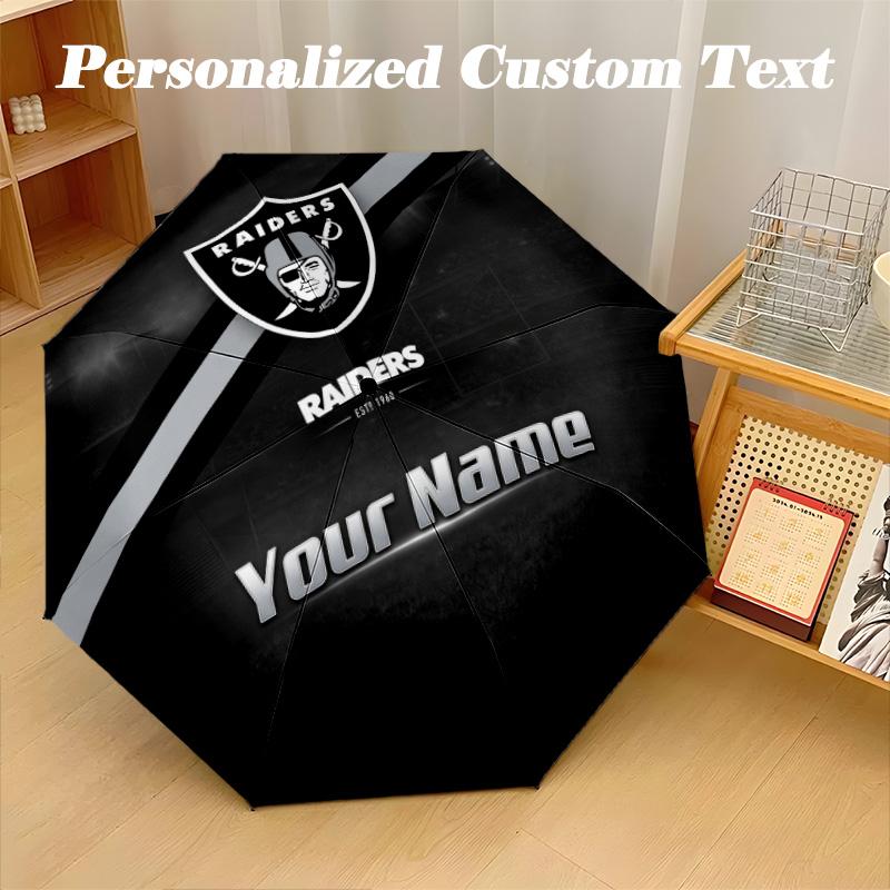 Las Vegas Raiders Automatic 8‑ribs Umbrella, Custom Name Text Personalized Folding Umbrella Rain Sun Gift