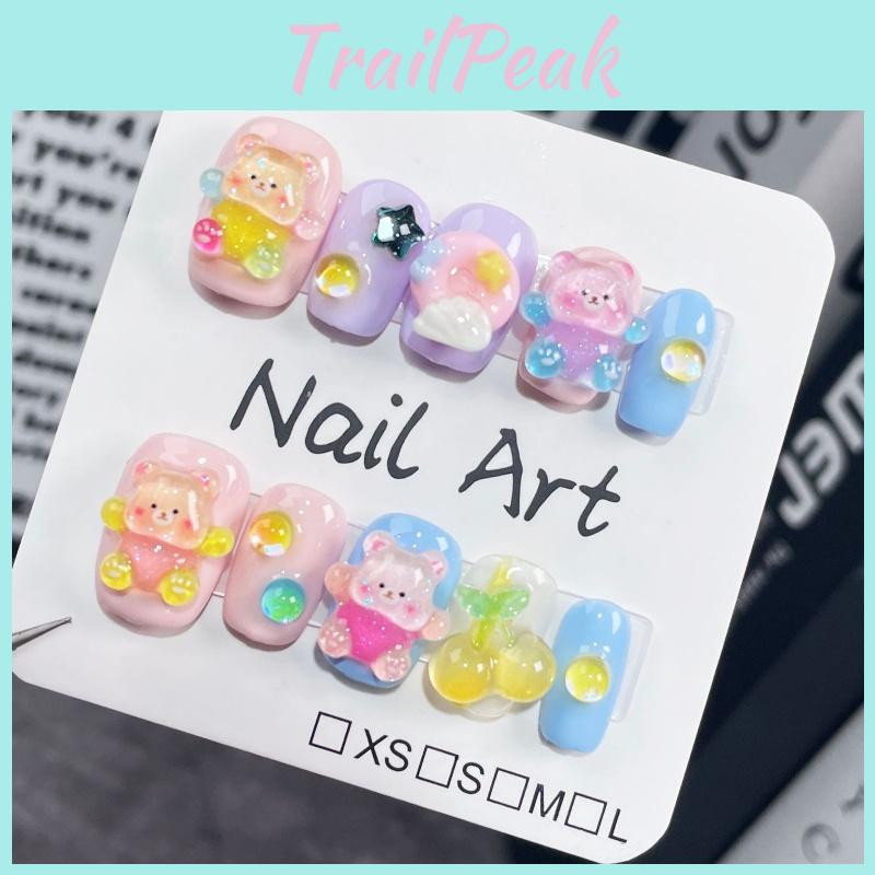 Urocze Ręcznie Robione Naklejki na Paznokcie z Misiami Teddy Krótki Styl Kreskówkowy Wzór Cukierkowy