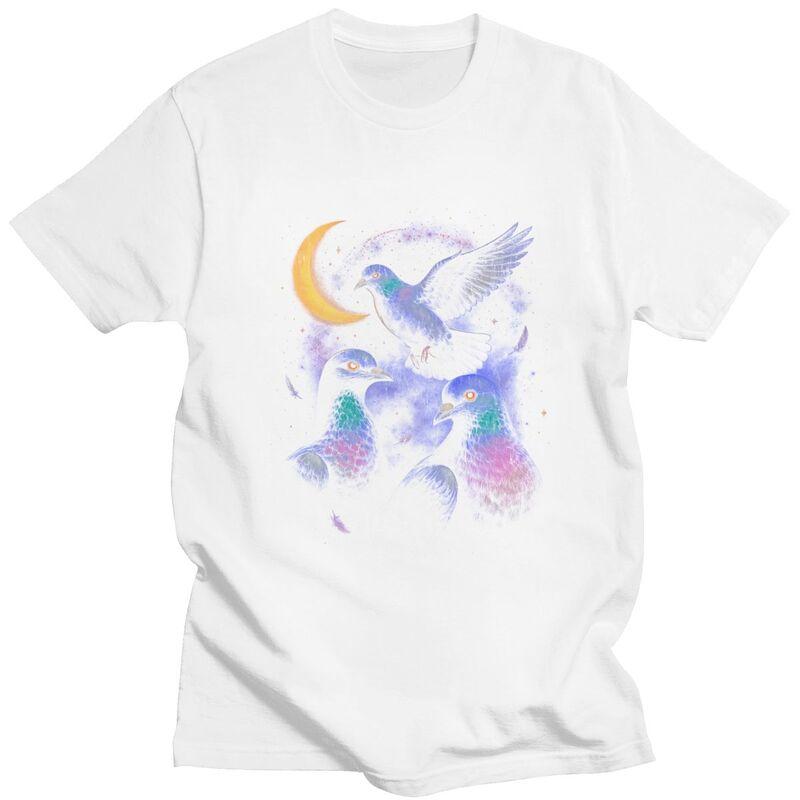 Male Cosmic Pigeons Under The Crescent Moon T Shirt Pure Cotton Colthing Fashion Casual Design Graphic Tees Shirt
