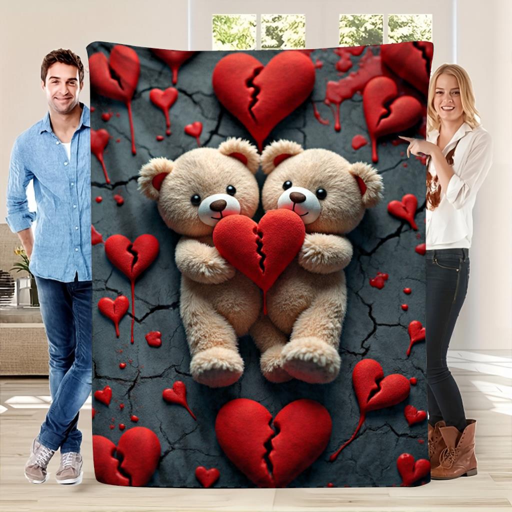 

Sweet red heart teddy bear Flannel printed blanket suitable for all seasons suitable for living room office sofa and travel 75x100cm (30x40inch)