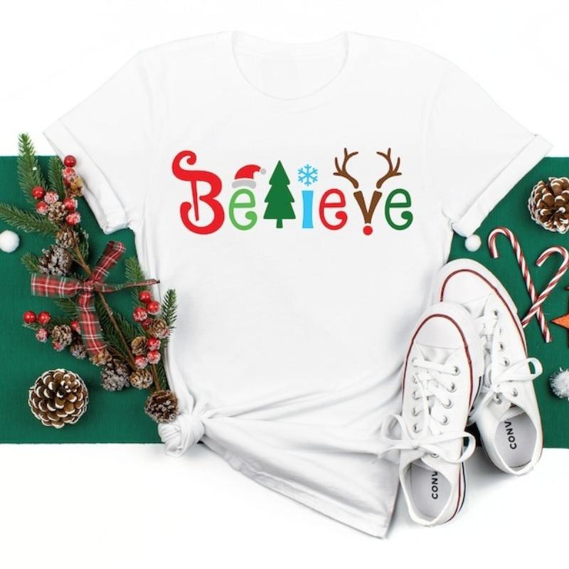 Believe Christmas Cotton Tshirt Family Believe Holiday Gift Matching Shirt Men and Women Crew Neck Casual Fashion Comfortable