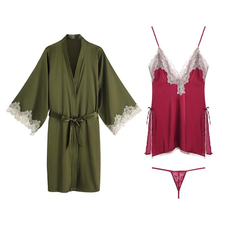 Women's Satin Lace Lightweight Cardigan Tie Robe Bathrobe Cami Sleep Dress Set