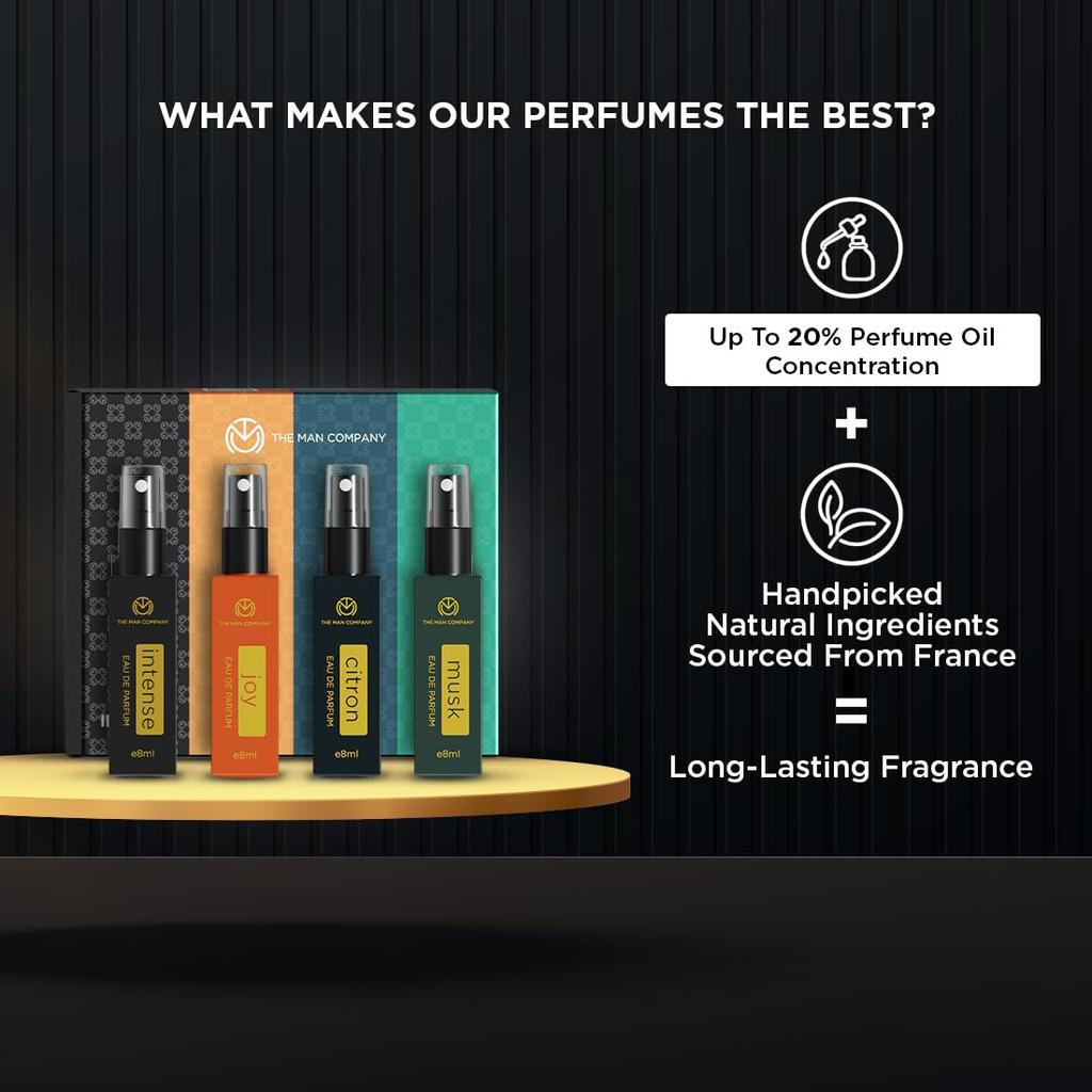 The Man Company Everyday Use Pocket Perfume for Men 4 * 8ml with Intense, Musk,Joy & Citron for Office Going, Party, Date & Travelling