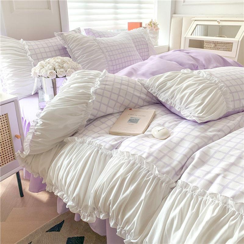 

Korean Style Princess Bedding Set Luxury Pink Lattice Duvet Cover Ruffles Lace Bedspread Bed Sheet Pillowcases Flat Bed Sheet&for 1.5m bed 3pcs