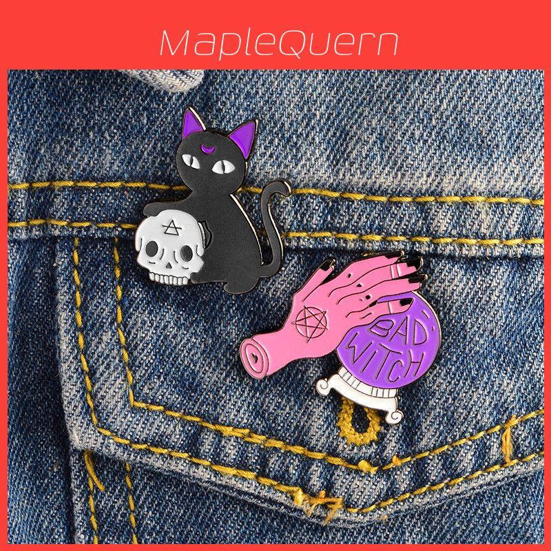 Elegant Enamel Brooch Death Pins With Potion Cat Skull And Candle For Halloween