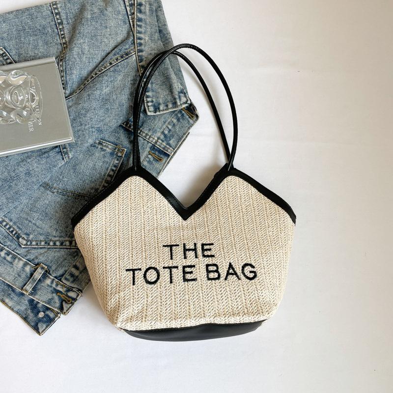 

Summer Letter Shoulder Underarm Bags for Women Casual Large Capacity Ladies Tote Bag Simple Patchwork Straw Travel Handbags чёрный