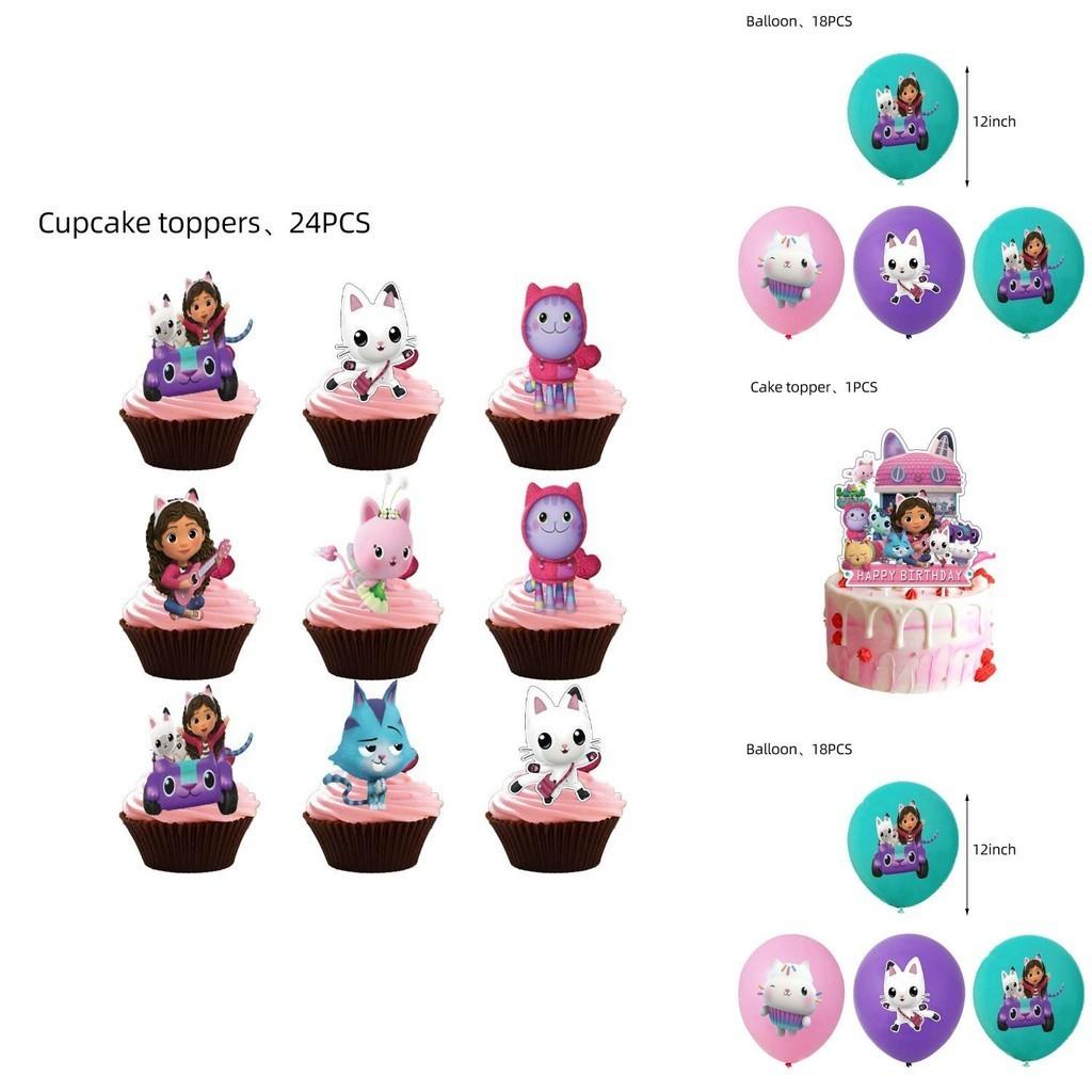 Festive Gabbys Dollhouse Kids Party Decorations With Colorful Balloons Cake Toppers And Flag Banners