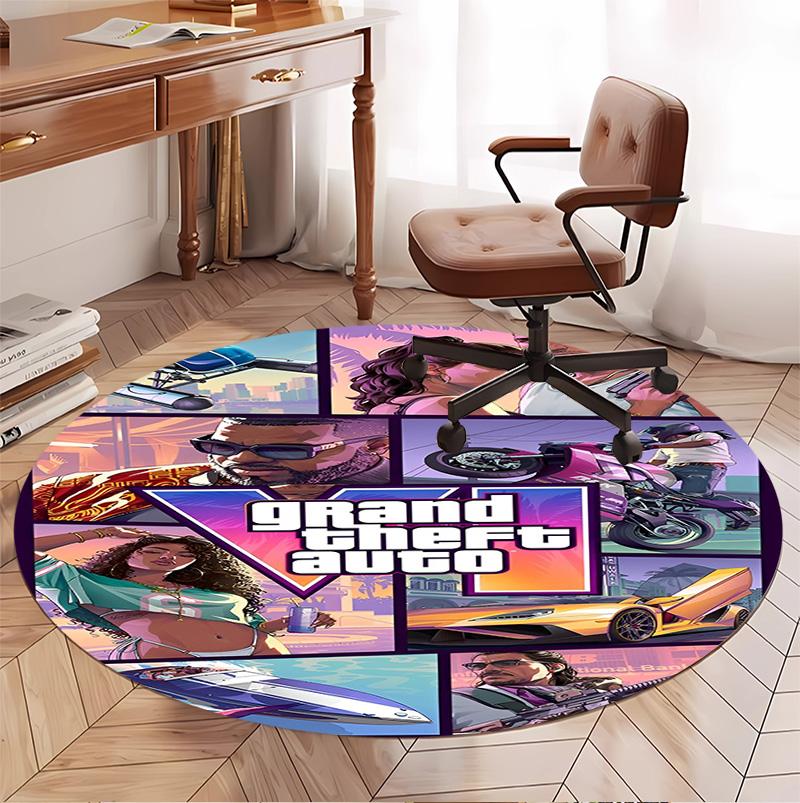Grand Theft Auto VI Pattern Round Rug, Indoor/Outdoor Mat, for Picnic, Gameroom, Bedroom, Office, Living Room, Home Decor Carpet, Birthday Gift