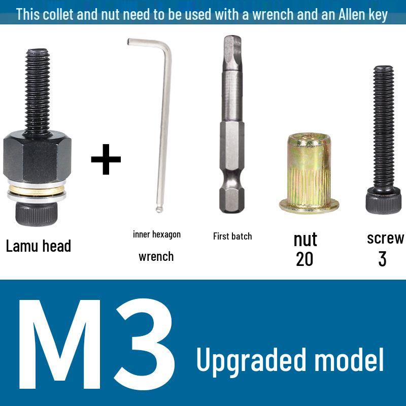 Multi-Purpose Electric Rivet Tool with Manual Wrench and Nut Head Attachment