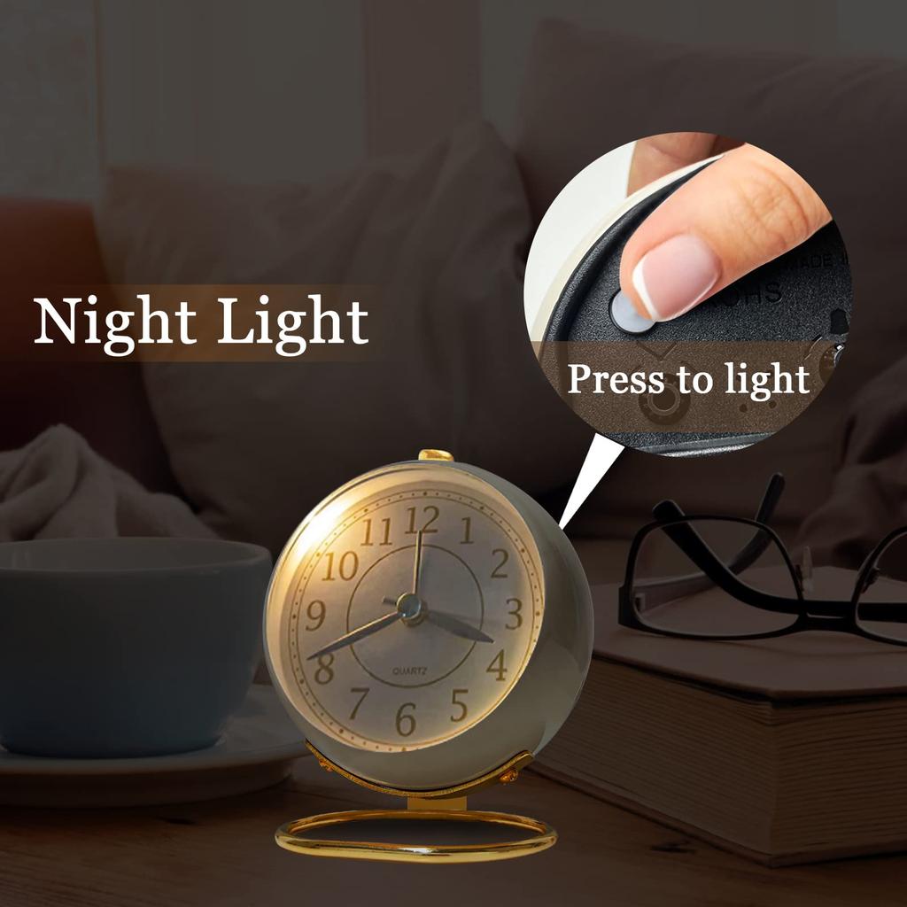 JUSTUP Mini Table Clock, Classic Silent, No Tick-a-Mouth, Analog Alarm Clock, Backlit, HD Glass, for Bedroom, Living Room, Kitchen, Home Decor (White)