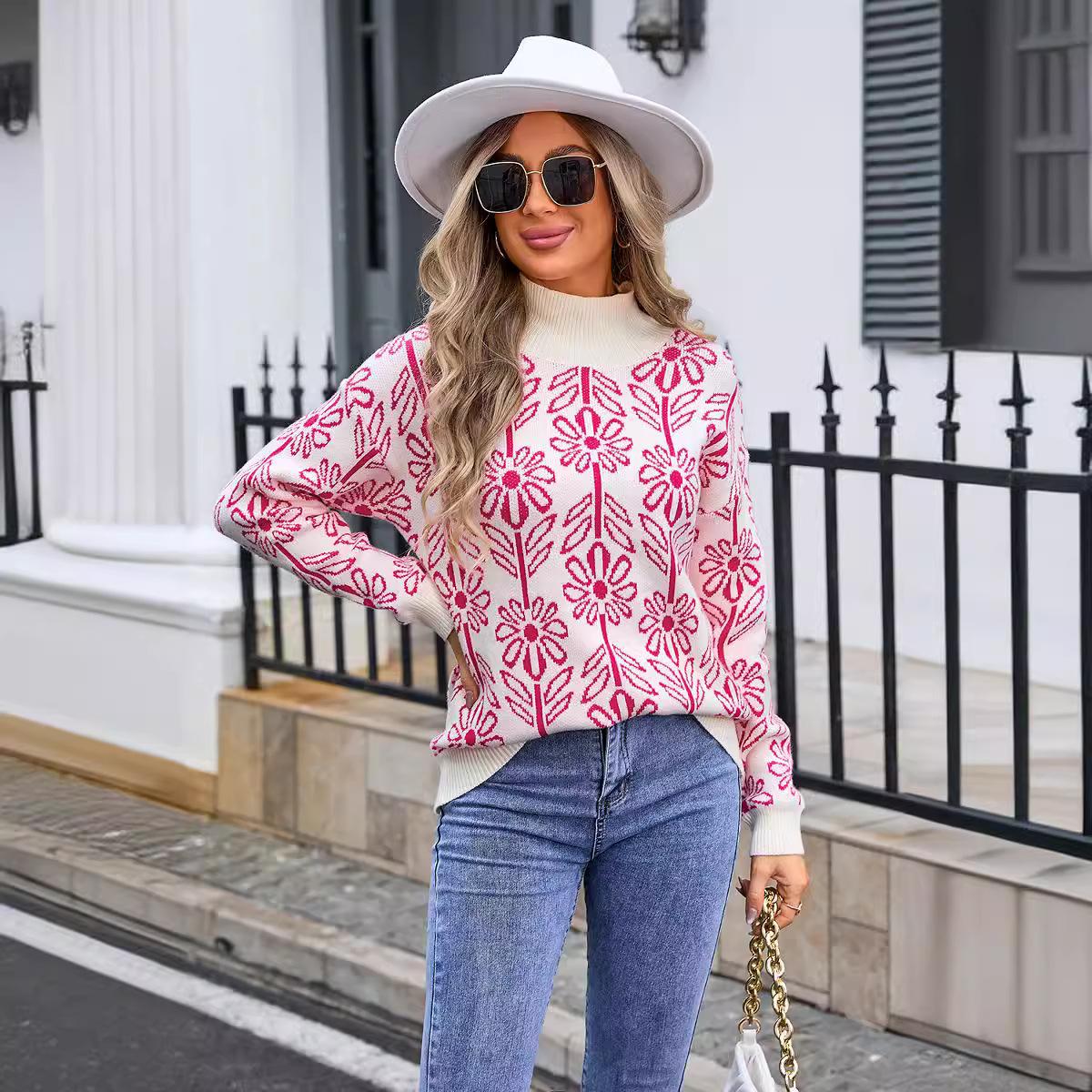 

Женский осенне-зимний вязаный свитер больших размеров с высоким воротником и цветочным принтом XL ярко-розовый