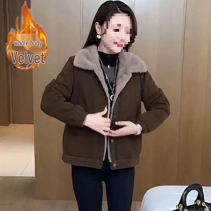 

Women s Winter Corduroy Jacket: Fleece-Lined, Warm, Versatile, Loose-Fitting, Slimming, Belly-Covering Maternity Wear 5XL коричневый/кофейный