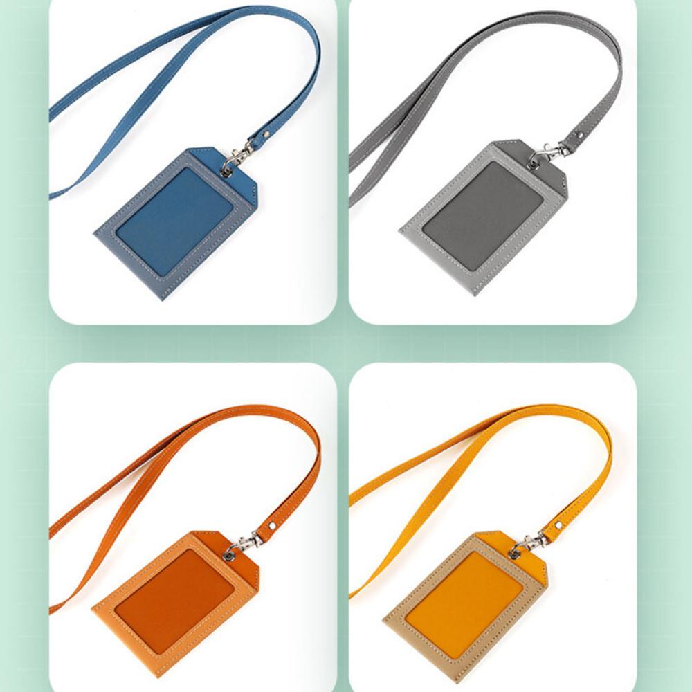 2 Card Slot Employee Work ID Card Set Hanging Rope PU Leather Bus Meal Card Chest Badge