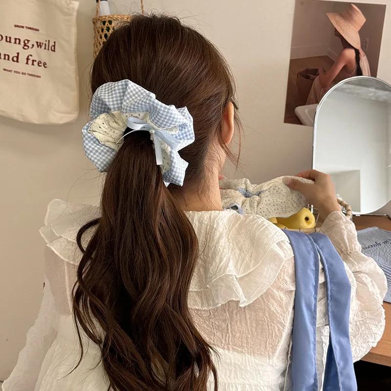 Ballet Style Blue Plaid Bow Large Intestine Hair Band Women's High-end Hair Tied Low Ponytail Hair Accessories Hair Tie