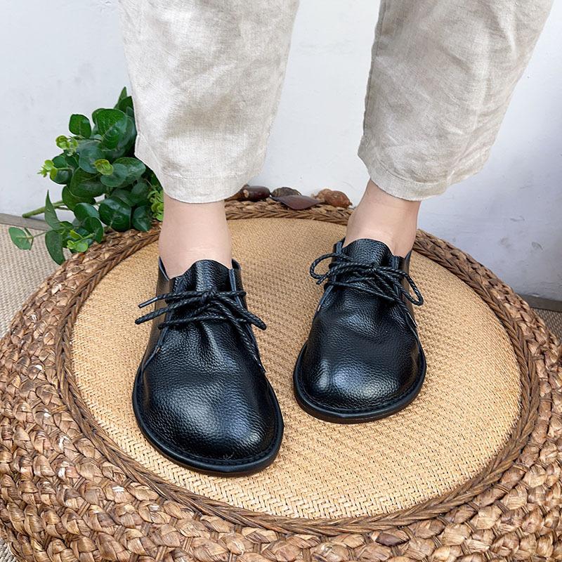 Johnature Chaussures plates à lacets en cuir véritable pour femmes, bout rond, décontractées, faites à la main, confortables, couleur unie
