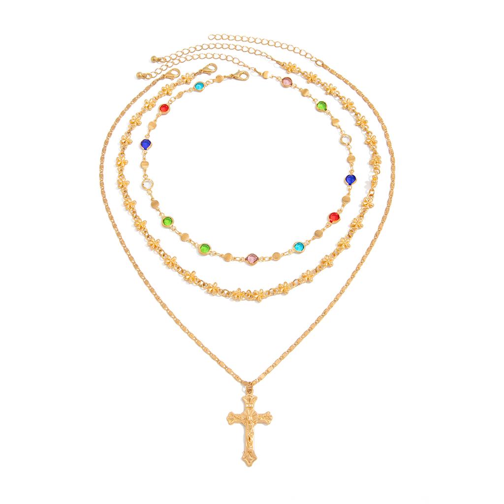 Salircon 3Pcs/set Boho Colorful Crystal Chain Necklace for Women Trendy Gold Color Cross Pendant Choker Luxury Jewelry Male Gift