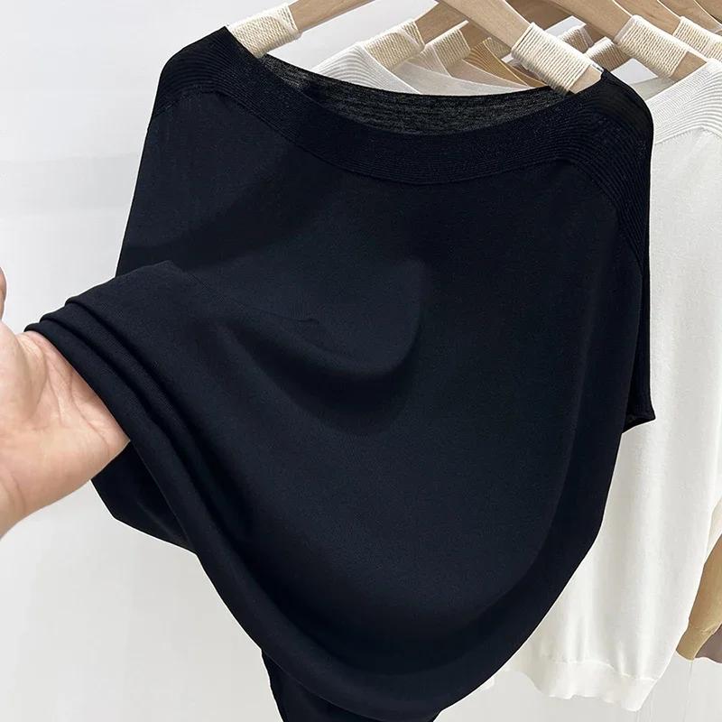 Summer Women's Loose Fit Slimming Solid Color Loose Tops Female Ice Silk Knitted T-shirt Ladies Short Sleeve Casual T Shirts