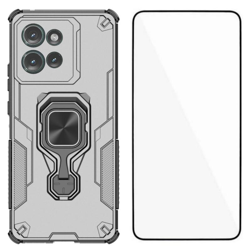For Motorola Edge 50 5G Phone Case WANLONFENG PC TPU Back Cover Kickstand with Tempered Glass