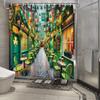 Irish Pub Shower Curtain - Cobblestone Street, Green & White Flags, Colorful Lights, Charming Pubs, Shamrock Designs,