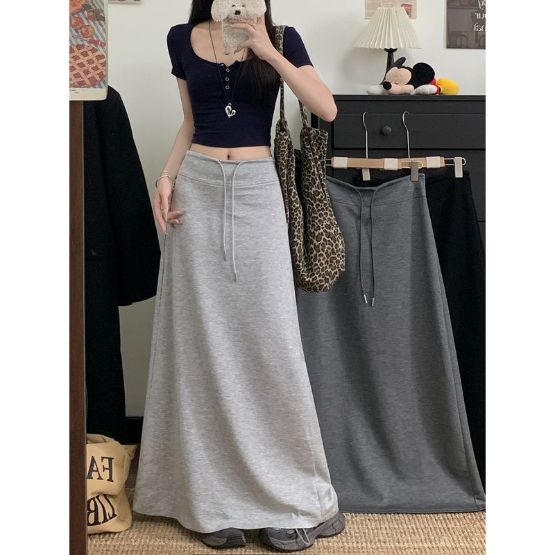 Korean Drawstring Split Skirt Draping Effect A- line Skirt Women's Autumn High Waist All-Matching Straight Skirt Gray Long Skirt