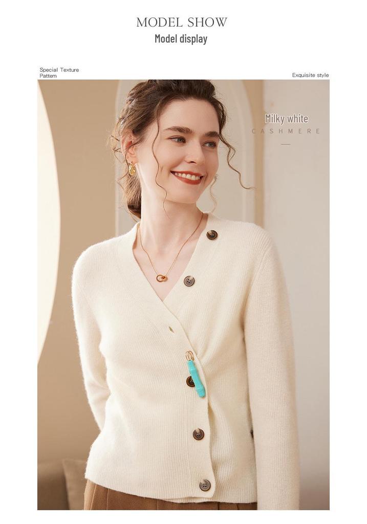 Women's V-Neck Cashmere Cardigan - Loose Long Sleeve Knit with Button Design Inspired by Ejiā