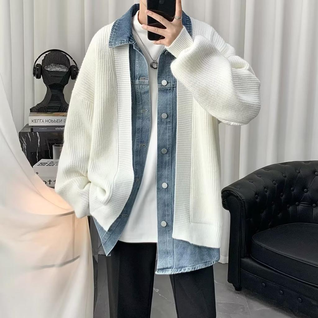 Denim splicing fake two-piece cardigan sweater jacket men's autumn and winter design sense knitted sweater casual loose sweater