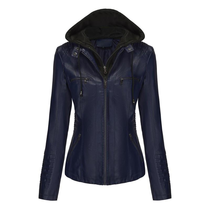 Womens Detachable Hooded PU Leather Jacket
