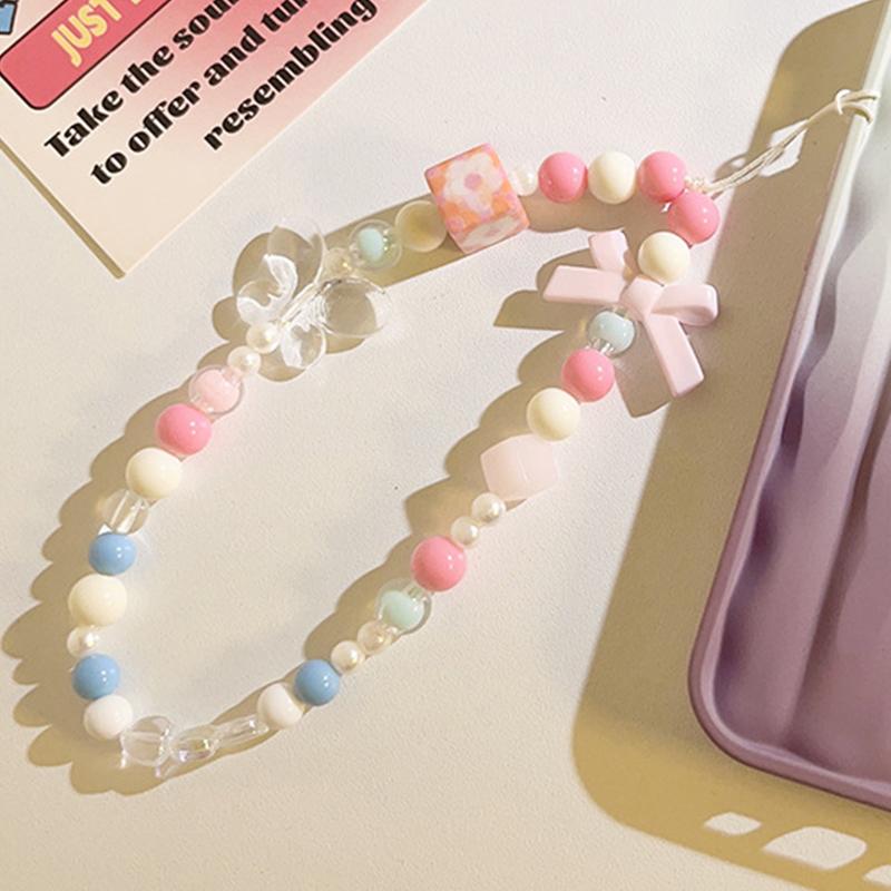 Blue Pink Bowkont Beads Phone Chain Sweet Cool Love Bear Hanging Rope Camera Lanyard Anti-Lost Wrist Straps Bag Accessories