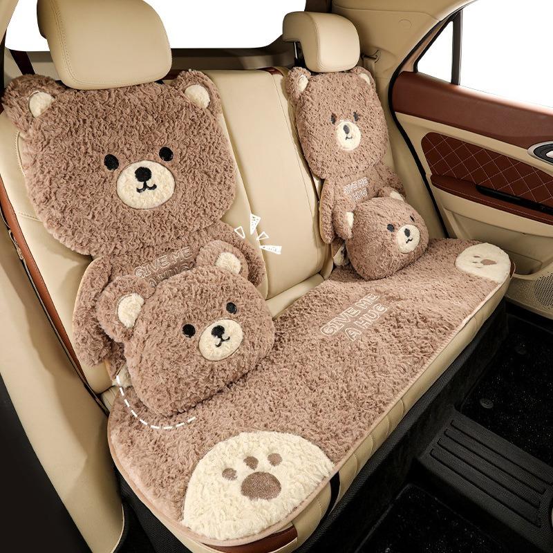 Cartoon 3D Bear Universal Car Seat Cushion Covers Plush Backrest for Autumn Winter Warm Cute Designed Seat Accessories