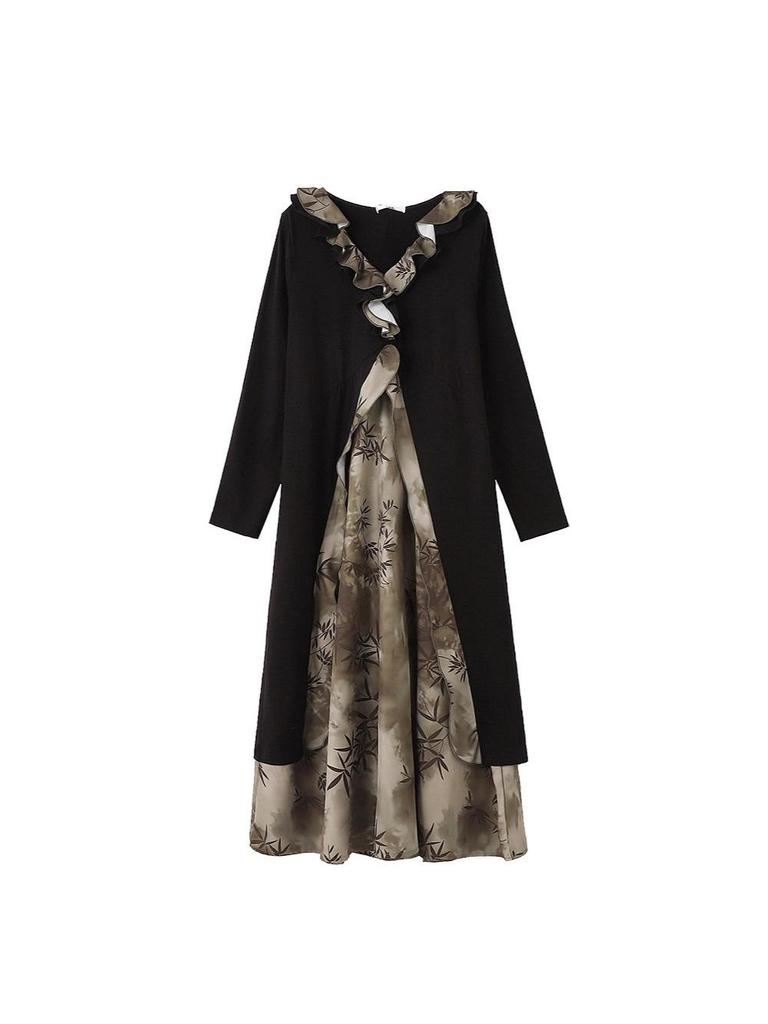 Chinese Style Plus Size Ruffle Dress for Spring & Autumn - 130-320 Jin, Women's Fake Two-Piece Long Dress (2026)