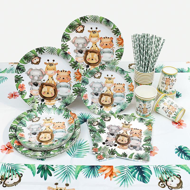 Jungle Birthday Party Decorations Animal Disposable Tableware Set Forest Woodland Safari Birthday Animals Theme Party Supplies