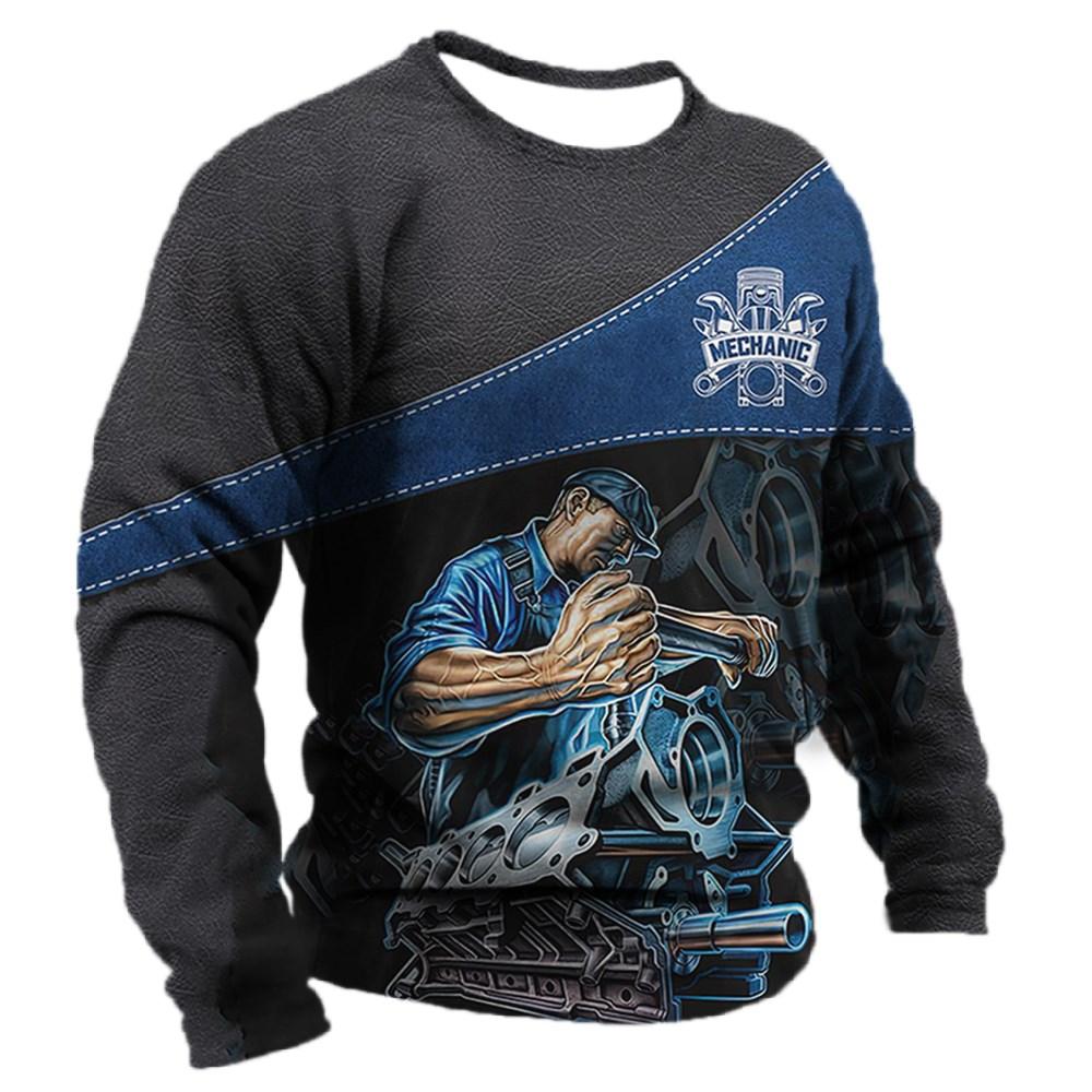 Men‘s Long Sleeve Mechanic Graphic 3d Print Top Autumn Vintage Casual Sports T-shirts