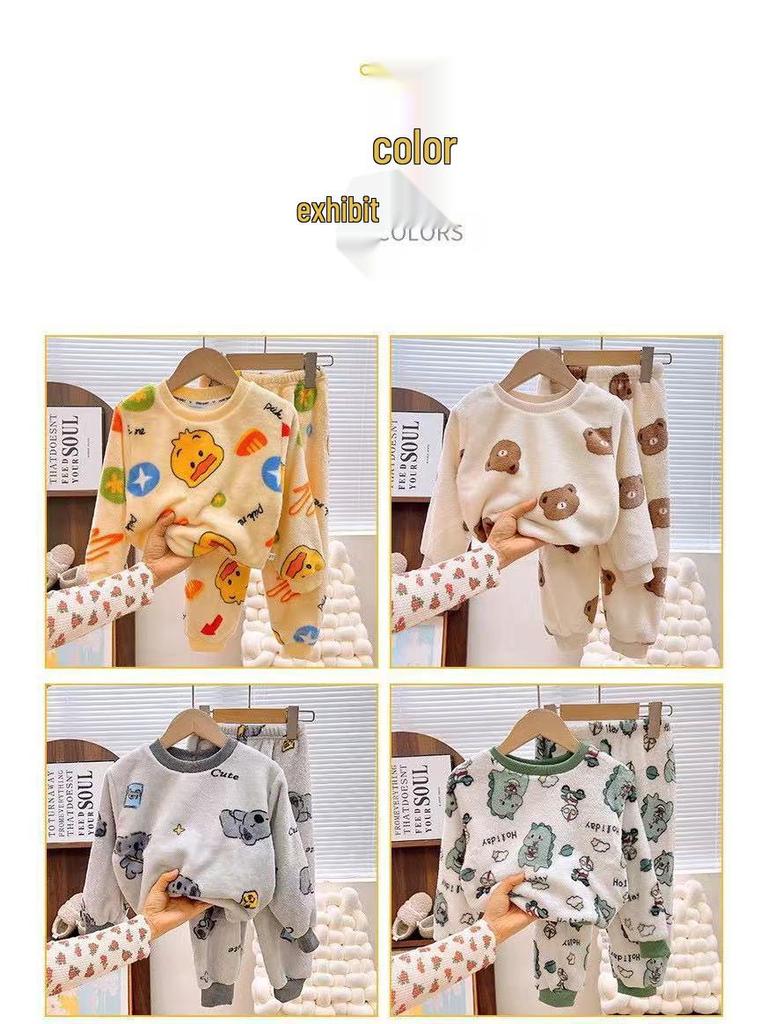 Children's Coral Fleece Flannel Pajamas - Cartoon Round Neck, Thickened Velvet Set for Boys, Girls, Babies