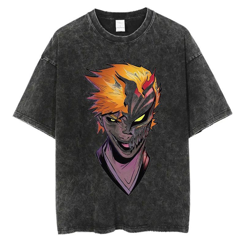 Anime Bleach Washed Tshirt Harajuku Streetwear Vintage Graphic T-Shirt Summer Short Sleeve Cotton Men Women Top Tee