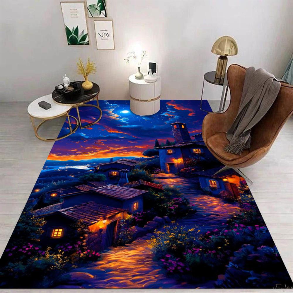 Fantasy Night Scenery Floor Mat Various Styles With Magical River Town Street Village Christmas City Scenes Rug For Home Decor