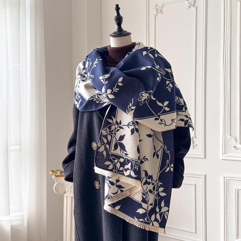 Premium Camellia Jacquard Scarf Women's Small Fragrant Shawl Versatile Air Conditioning Room Blanket Warm Scarf