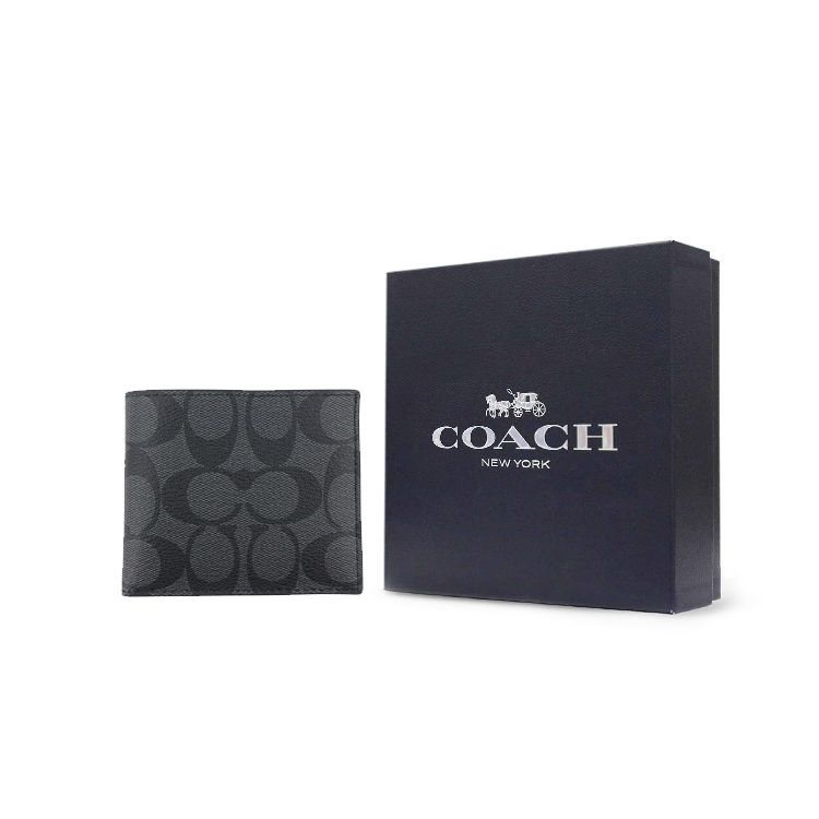 Coach Billfold Wallet 10 Compact Multi-Card Short Folded Canvas PVC Men Wallet Black Gray 66551-QBMI5