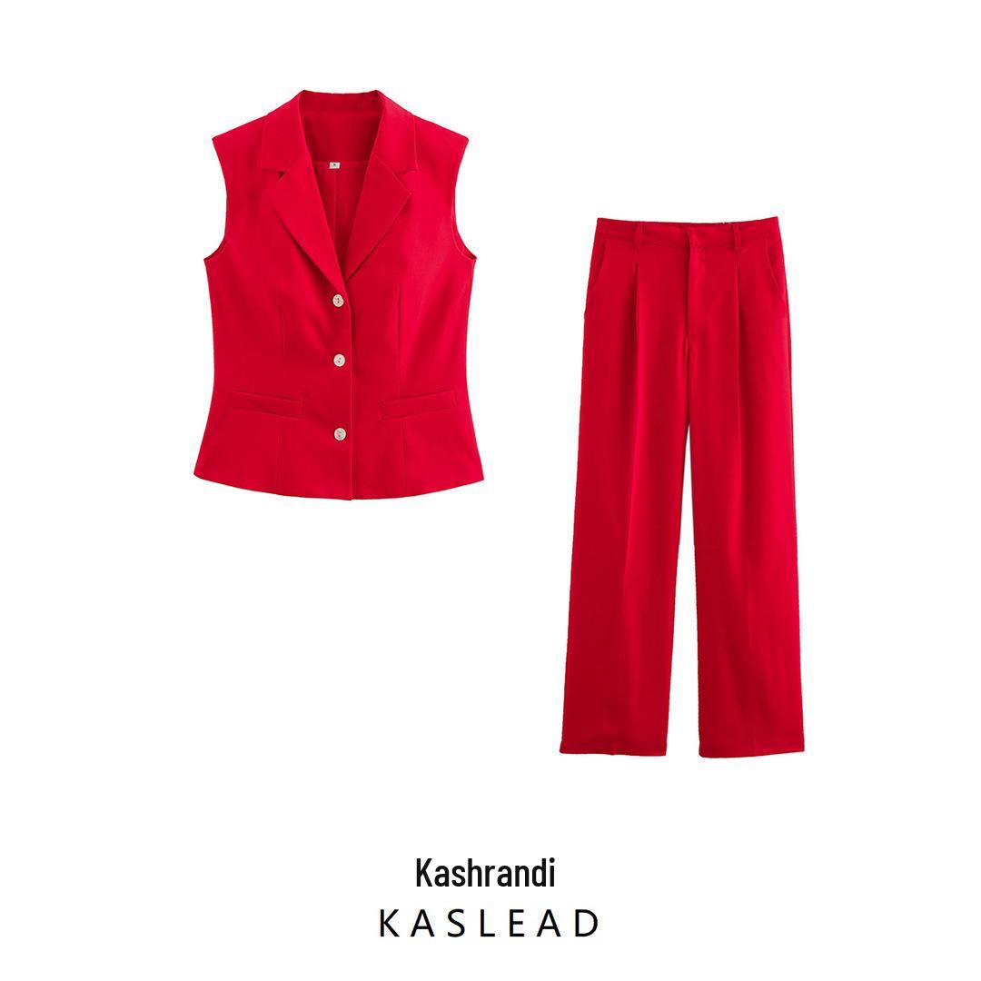 

2025 Spring Women s European & American Style Red Suit Vest and Long Pants Set Medium