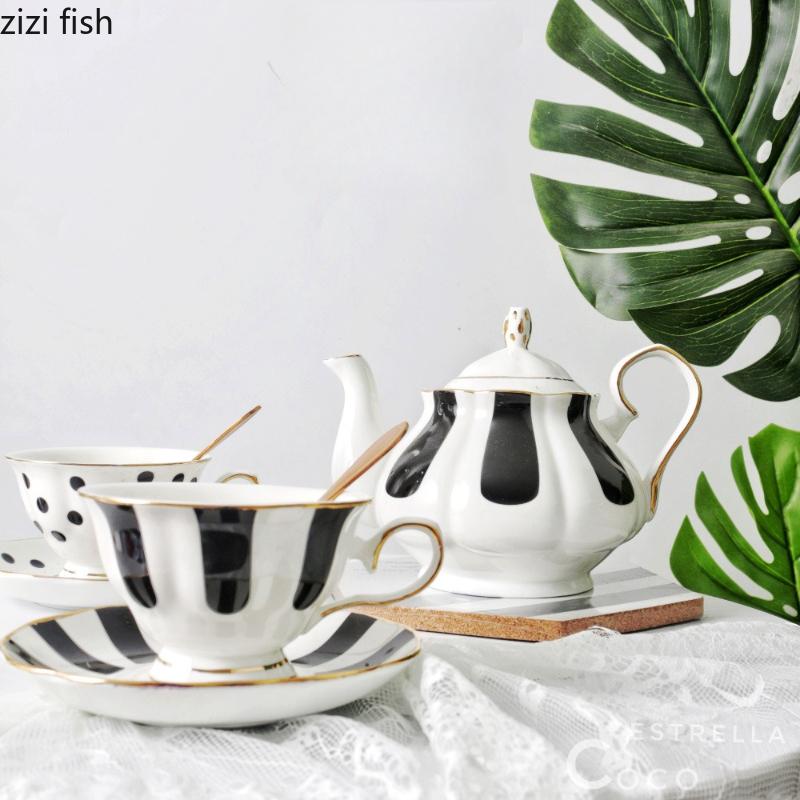 Black White Polka Dot Striped Coffee Cup Ceramic Water Cups Afternoon Tea Mug Oat Breakfast Cup Milk Mug Flower Tea Cups Teapot