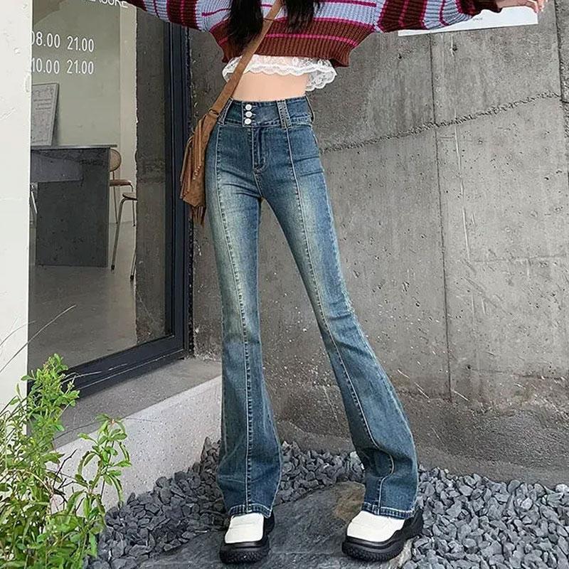 Hotsweet Vintage Slim Bootcut Jeans Spring Autumn High Waist Button Women's Clothing Washed Denim Pants Streetwear Chic Trousers