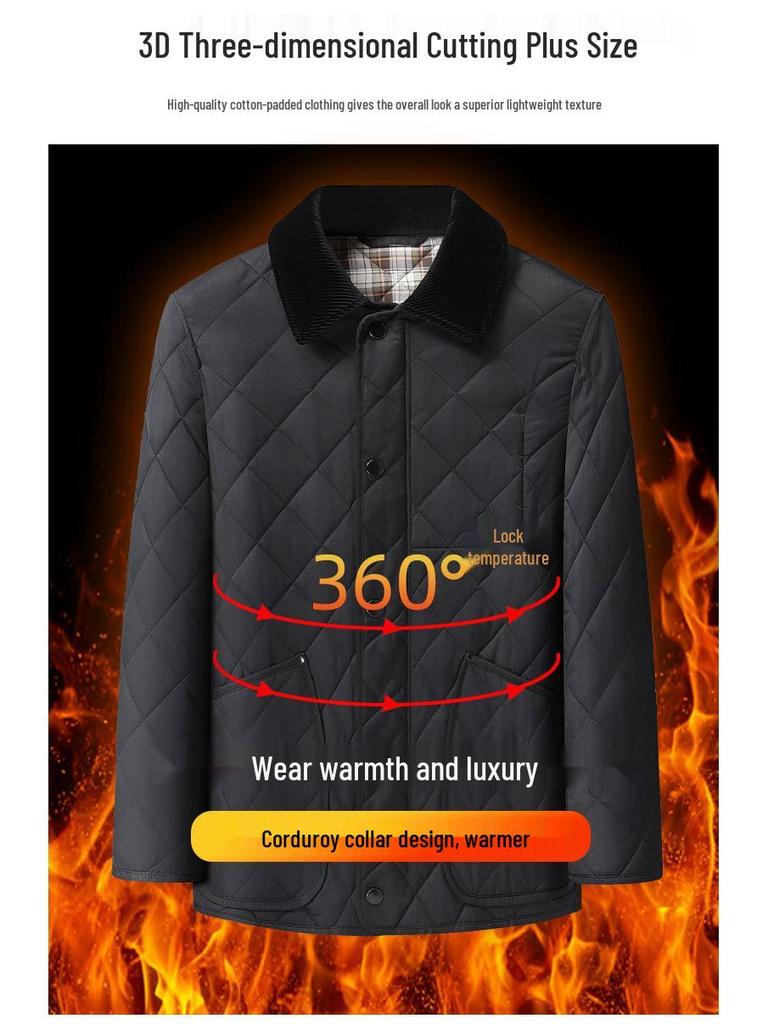 Men's Plus Size Quilted Diamond Pattern Cotton Jacket, Autumn/Winter 2025